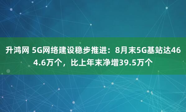 升鸿网 5G网络建设稳步推进：8月末5G基站达464.6万个，比上年末净增39.5万个